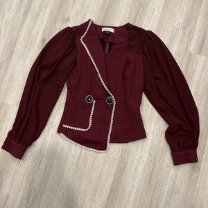 Faveciros Red Pearl Beaded Details Blazer Jacket Sheer Sleeves Size Medium